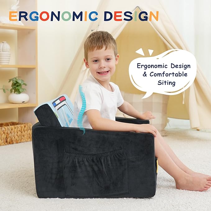 MallBest Kids Sofas Toddler Couch Bed Baby's Upholstered Chair Sleepover Couch Flipout Open Recliner(Black/Police Car)