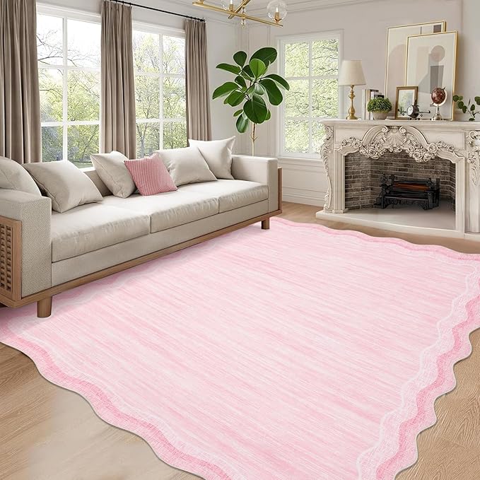 GarveeHome Washable Rugs 8x10 Scallop Living Room Rug Scalloped Rug with Non-Slip Backing, Stain-Resistant Low Pile Easy Cleaning Rugs, Soft Modern Solid Carpet for Bedroom Playroom Nursery, Pink