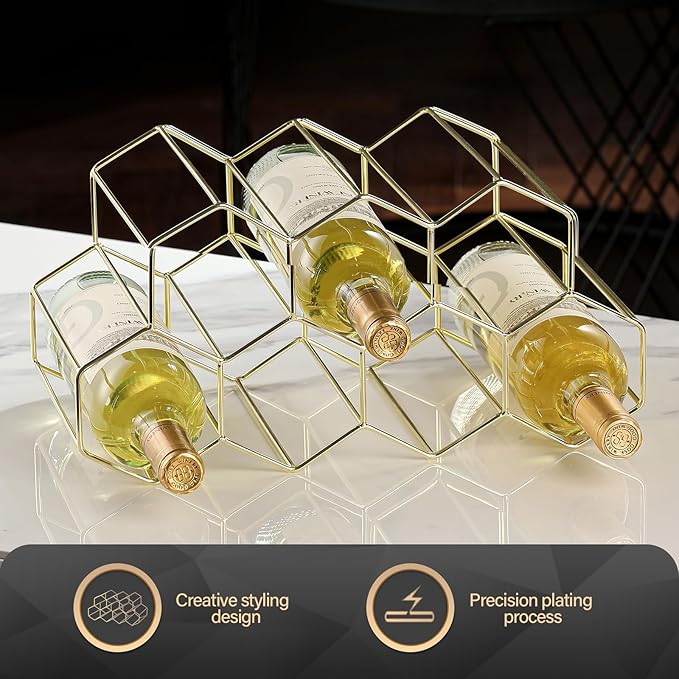 Countertop Wine Rack - 9 Bottle Freestanding Modern Gold Metal Small - 2 Tier Tabletop Wine Holder Stand for Cabinet, Pantry - Wine Racks Countertop - No Assembly Required