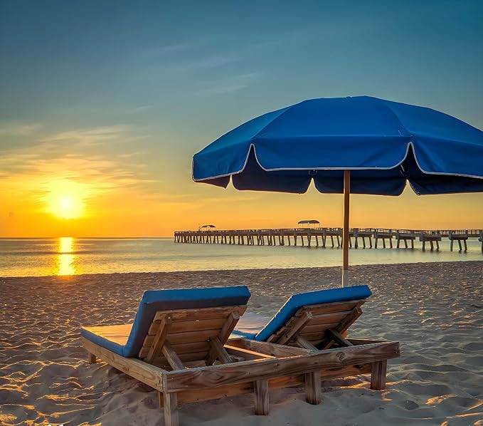 AMMSUN 7.5ft Heavy Duty High Wind Beach Umbrella Commercial Grade with Air Vent Ash Wood Pole & Carry Bag UPF 50+ Sun Protection for Patio Garden Pool Backyard Blue