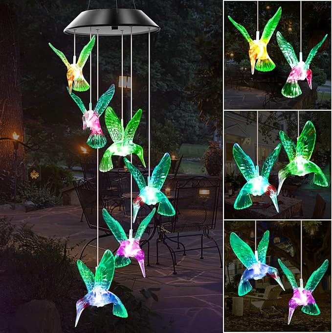 Solar Wind Chimes Outdoor Color Changing Lights, Gift for Women Mom Grandma Sister Best Gifts, Wind Chimes Unique Outdoor Garden Yard Decor (Green Hummingbird)