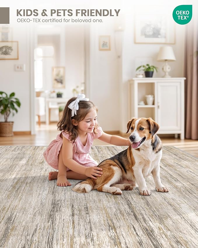 Art&Tuft Washable Rug, Anti-Slip Backing Abstract Area Rugs, Stain Resistant Rugs for Living Room, Foldable Machine Washable Area Rug(03-Beige, 8'x10')