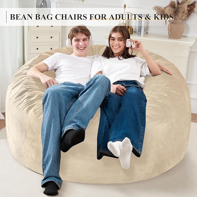 Homguava 5FT Bean Bag Chair Giant BeanBag with Memory Foam Filled, Comfy Bean Bag Chairs for Adults, Adult Bean Bag Chair with Dutch Velvet Cover for Living Room Bedroom-Dark Beige