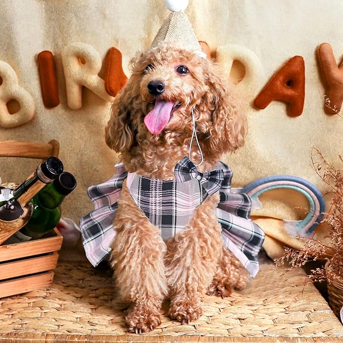 Dog Dress Bowknot Harness Leash Set for Small Dogs Girl Cute Plaid Dog Dress Pearls Bow Tie Spring Summer Princess Clothes Birthday Holiday Doggie Outfits for Puppy Cats Girl Apparel (Red, Medium)
