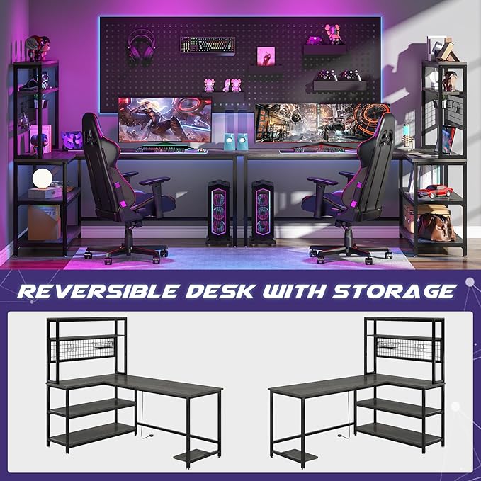 Tribesigns 55" Large Computer Desk with Wireless Charging 5 Storage Shelves, Office Desk Study Table Writing Desk Workstation with Hutch Bookshelf for Home Office(Gray)