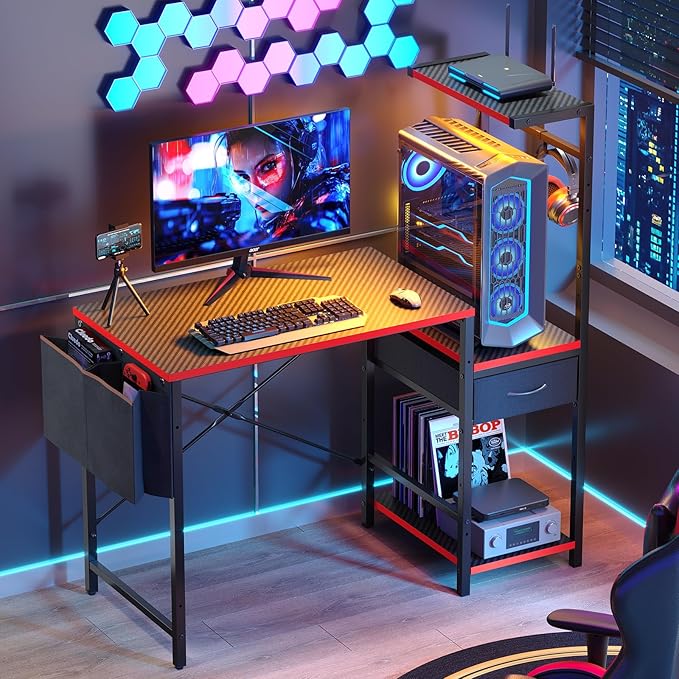 Bestier Gaming Desk with LED Lights, 44 Inch Reversible Computer Desk with Drawers & Storage Shelves for Small Spaces, PC Gamer Table with Storage Bag & Side Hook, Carbon Fiber Black-RED