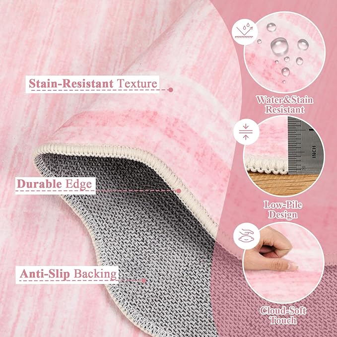 GarveeHome Washable Rugs 8x10 Scallop Living Room Rug Scalloped Rug with Non-Slip Backing, Stain-Resistant Low Pile Easy Cleaning Rugs, Soft Modern Solid Carpet for Bedroom Playroom Nursery, Pink