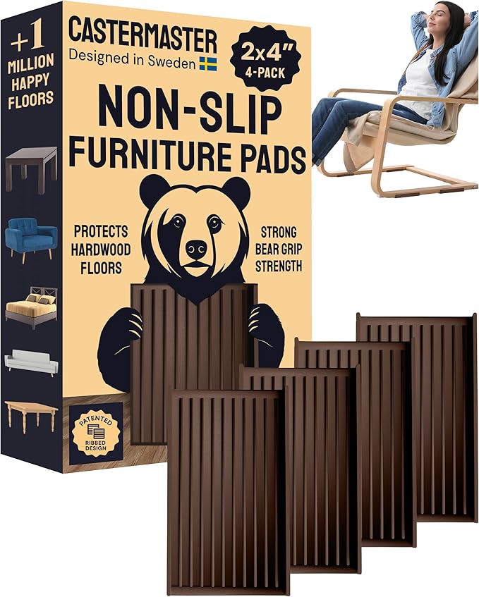 CasterMaster Anti Slip Furniture Pads Rectangular Rubber Caster Cups - 2 x 4 in Brown Pack of 4 - Non Slip Floor Protectors for Chairs & Hardwood Floors - Quiet Rubber Feet