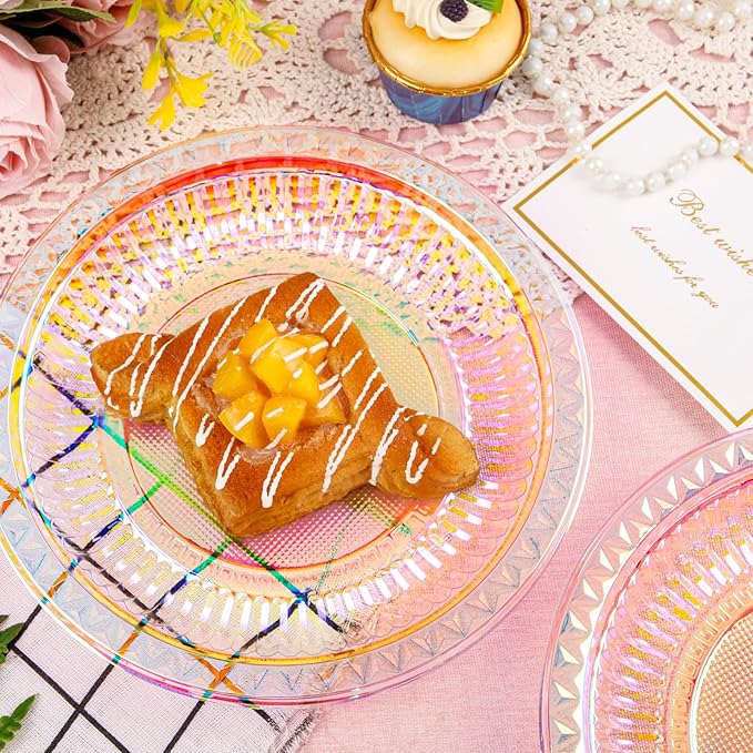 WELLIFE Iridescent Plastic Plates 9 Inch, 150 Count Disposable Plastic Dessert Plates for Disco Party Decorations Wedding Baby Shower Birthday Easter Valentine's Day Party
