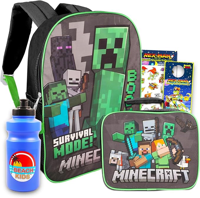 Minecraft Backpack and Lunch Box Set - School Supplies Bundle with Minecraft Backpack and Lunch Bag Plus Water Bottle, Stickers, More for Kids