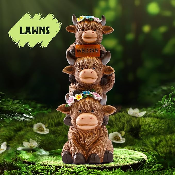 16 in Large Garden Highland Cow Statue Solar Garden Sculptures & Statues with Flower Decoration Birthday Gifts for Women Mom Funny Triple Big Highland Cow Decor for Yard Garden Patio Lawn Ornaments