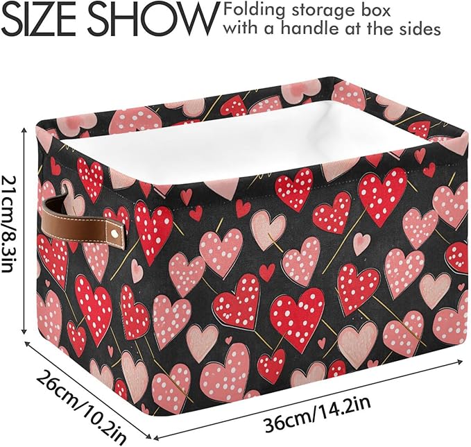 Wamika Happy Valentine's Day Black Storage Basket with Waterproof Liner and PU Handles Red Polka Dot Love Heart Pink Storage Bins Boxes 14.2" Collapsible Decorative Baskets for Bedroom Closet 1 Pack