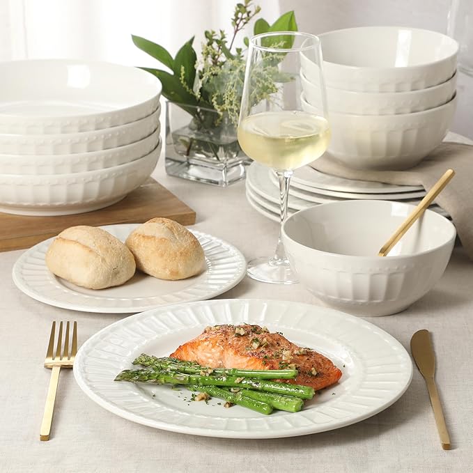 Gibson Home Melbourne White Plates and Bowls Set, 16 Piece Embossed Ceramic Dinnerware Set - Service for 4 Dishes - With Pasta Bowl