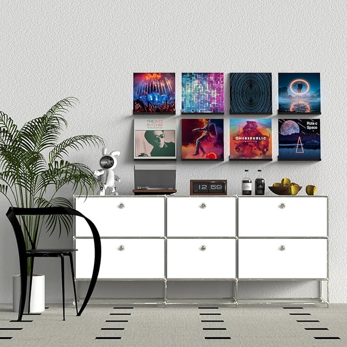 ILYXY Acrylic Vinyl Record Holder Wall Mount – 8 Pack 12-Inch Floating Vinyl Shelves, Black Record Display Frames for LP Albums & Wall Decor