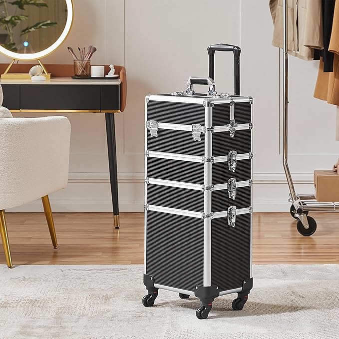 Yaheetech Professional Makeup Train Case 5 in 1 Cosmetology Case on Wheels Aluminum Beauty Travel Case Rolling Cosmetic Organizers & Storage Black
