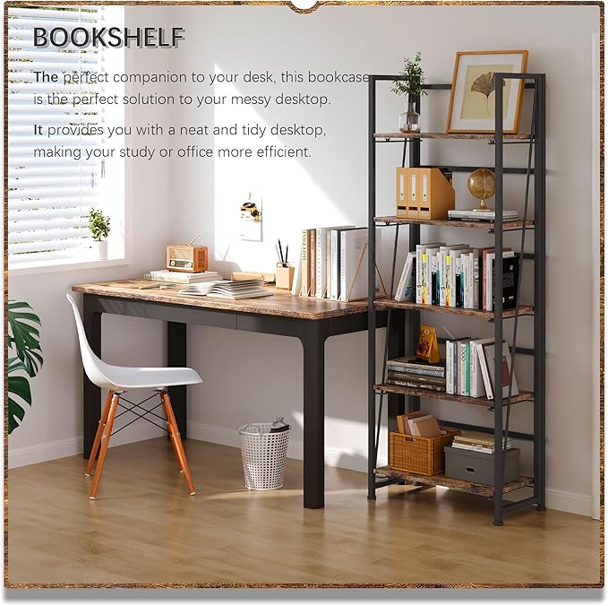 4NM No Assembly Folding Bookshelf, 5-Shelf 62.2" H Collapsible Foldable Bookcase Storage for Small Spaces, Rustic Brown and Black