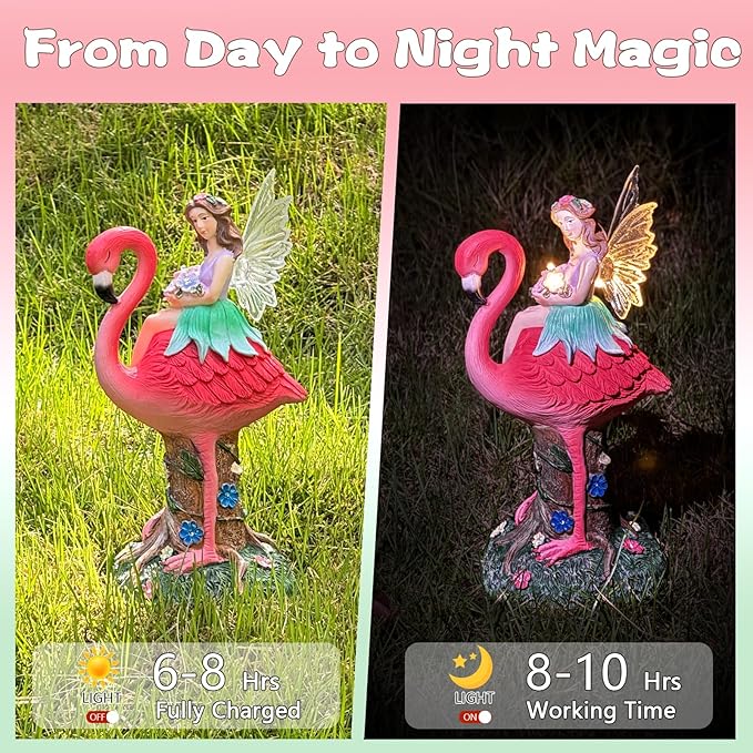 Solar Fairy & Flamingo Garden Decor Statue, Outdoor Funny Solar Light Decoration for Yard, Patio, Lawn, Unique Housewarming, Birthday Gift for Women, Mom, Grandma