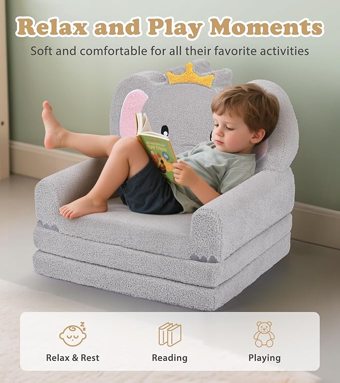 Kids Couch, 2-in-1 Soft Toddler Couch Fold Out with Blanket, Chair Comfy, Foldable Convertible Plush Sofa to Lounger, Gifts for Kids Girl Boys, Elephant