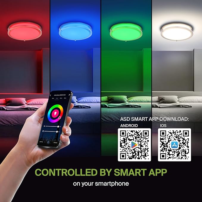 ASD LED 16" Round Flush Mount Lighting, Close to Ceiling Light Fixture | Smart, Multicolor, Dimmable, ETL Listed | 24W 1575LM RGB-2700-6500K 120V | Low Profile Double Ring Lamp | Nickel, 2 Pack