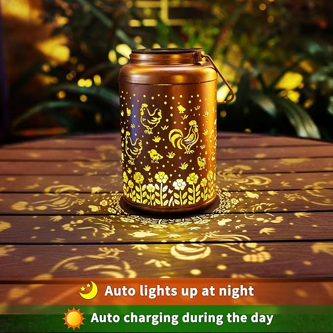 Chicken Solar Lanterns Outdoor Hanging Waterproof Solar Lights Gifts for Women Men Mom Outside Metal Decoration for Garden, Porch, Lawn,Yard, Patio, Landscape