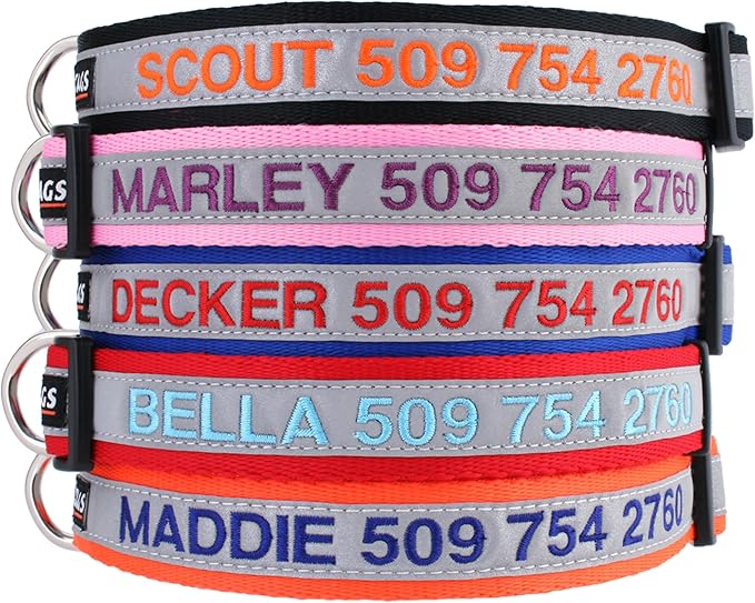 GoTags Reflective Personalized Dog Collar, Custom Embroidered with Pet Name and Phone Number in Black for Boy and Girl Dogs, 3 Adjustable Sizes, Small, Medium, and Large