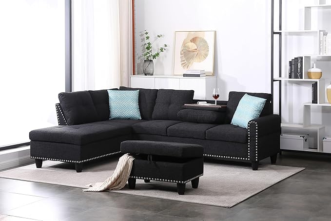 Ball & Cast 98" L Shaped Sectional Couch for Living Room with Chaise & Storage Ottoman,4 Seat Linen Upholstered Modular Sectional Sofa Set 3 PCS W/Cup Holders & Coffee Table,for Home,Office,Charcoal