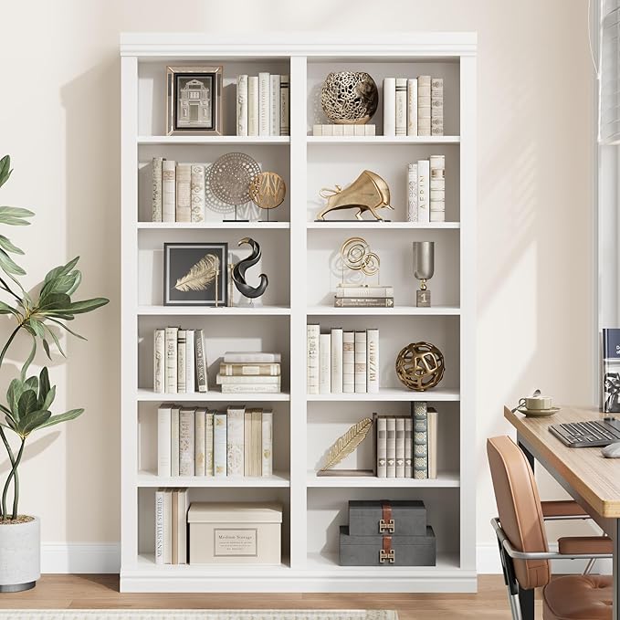 74.5" Tall Bookshelf with Double Storage, Extra Large Bookshelf, 6-Tier Double Wide Bookshelves w/ 12 Cubbies, Wide Freestanding Bookcases for Livingroom Office Library (White)