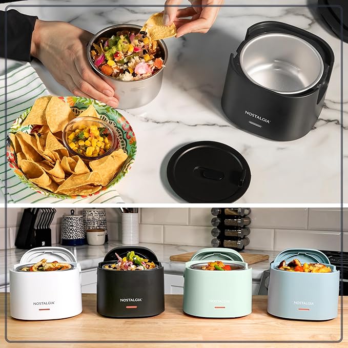 Nostalgia Portable 20-Ounce Electric Heated Lunch Box – Travel Size 2.5 Cup Capacity for Soup, Chili, and Leftovers – Leak Proof Silicone Sealed Lid, Foldable Carry Handle, Detachable Cord – Black