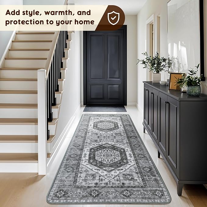 LBRO2M Boho Runner Rug 2X6 Hallway Rug Non Slip Washable Runners for Hallways, Bedroom, Kitchen Laundry Room Pet Friendly Area Rugs (2X6, Deep Gray)