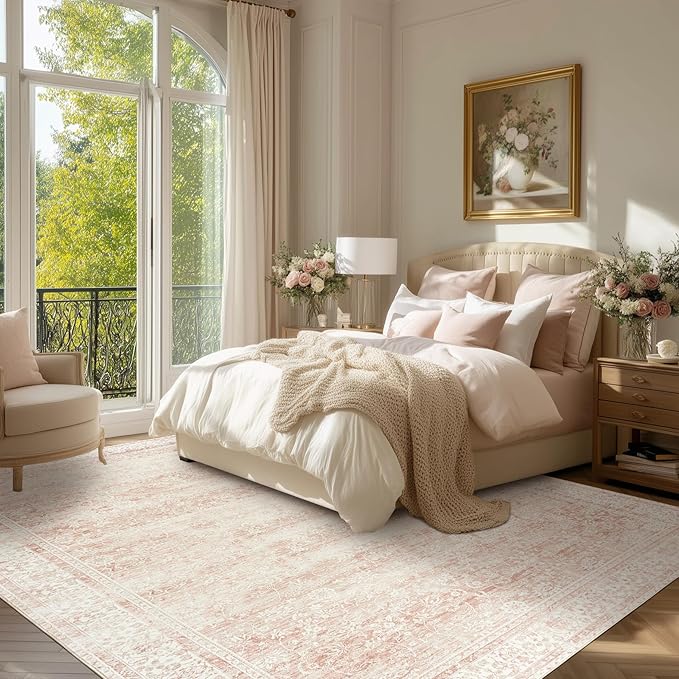 Light Pink Nursery Rug for Baby Girl Neutral Blush Pink Boho Floral Pattern Carpet 5 x 8 Washable Non Slip Low Pile Soft Surface Area Rugs for Living Room Bedroom Playroom,5x8