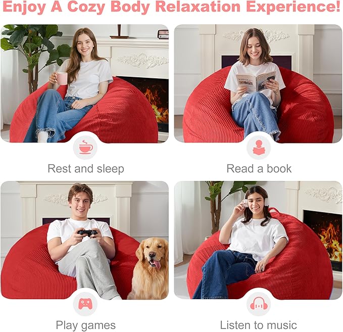 Homguava 4FT Bean Bag Chair for Adults,Teardrop Bean Bags Big Beanbag Chair with Memory Foam Filled and Ultra Soft Removable Corduroy Cover for Living Room, Bedroom (Red)