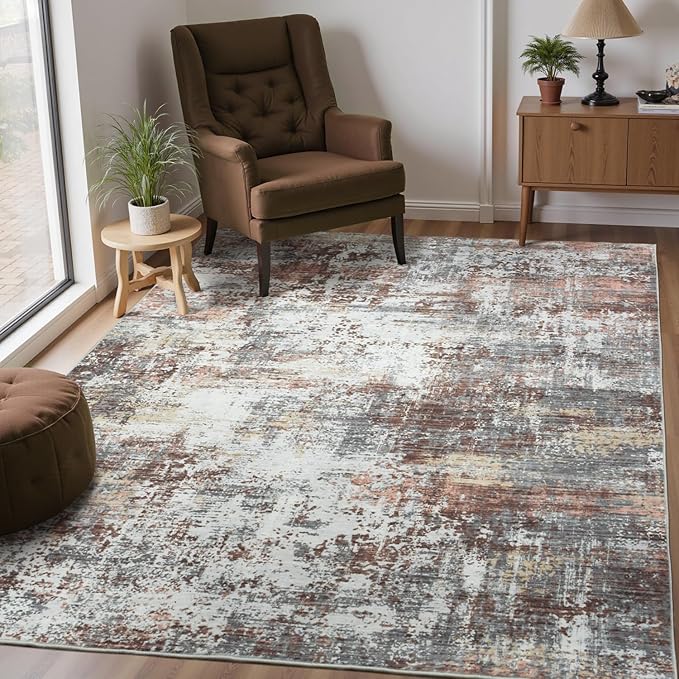 6x9 Area Rugs for Living Room, Abstract Rug with Non-Slip Rubber Backing, Machine Washable Modern Colorful Carpet, Bedroom Dining Under Table, Soft Low Pile, Rust Red