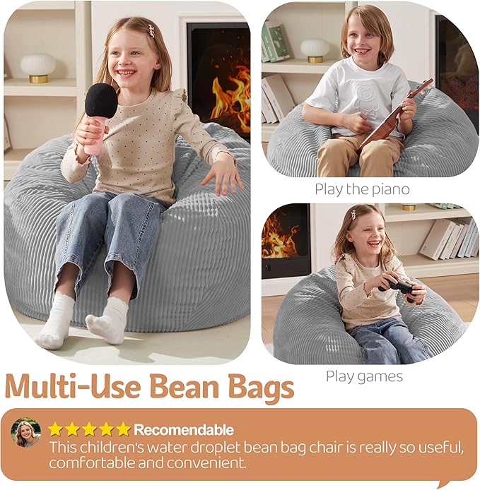 Homguava 2FT Bean Bag Chair,Teardrop Bean Bags Small Beanbag Chair with Memory Foam Filled and Ultra Soft Corduroy Cover for Living Room, Bedroom(Light Grey)