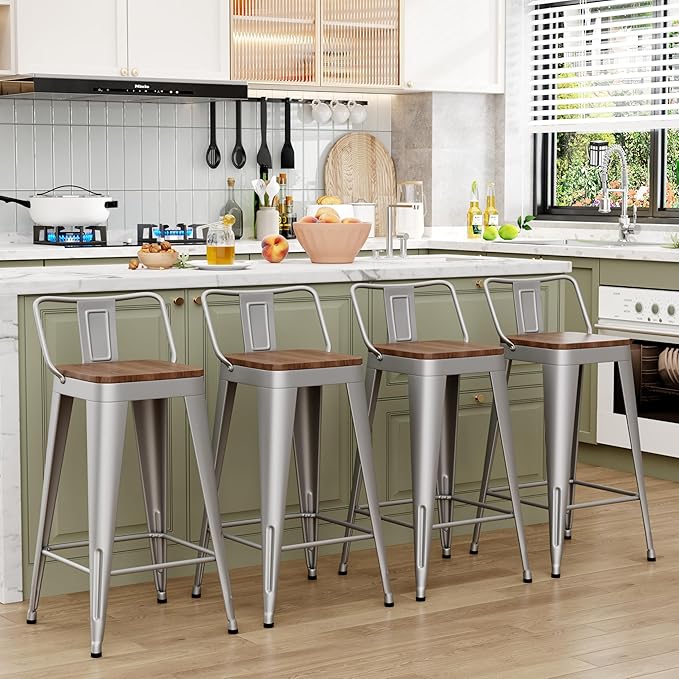 WENTMENT Bar Stools Set of 4 Counter Height Stools with Removable Back 30" Kitchen Bar Stools with Wooden Seat, Silver