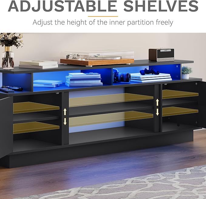 DWVO Modern TV Stand for 65/75 Inch TVs, Entertainment Center with LED Lights, TV Shelf with Storage Cabinets & Movable Partition, TV Console for Living Room, Black