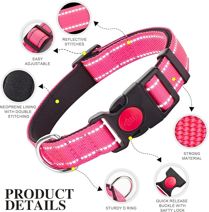 2 Pack Reflective Dog Collars for Medium Large and Small Breed Dogs Male Female,Padded Soft Durable Nylon Neoprene Collar for Puppy Dogs Girl Boy with Quick Release Safety Buckle,Pink,Blue,XS