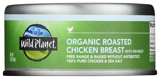 Wild Planet Organic Roasted Chicken Breast With Rib Meat, Skinless and Boneless, Sea Salt, Free Range, Non-GMO, Gluten Free, Keto and Paleo, 5 Ounce Single Unit/Can