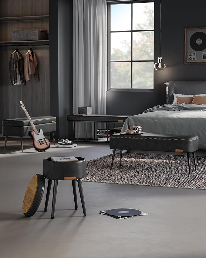 VASAGLE EKHO Collection - Bench for Entryway Bedroom, Synthetic Leather with Stitching, Ottoman Bench with Steel Legs, Living Dining Room, Mid-Century Modern, Loads 660 lb, Ink Black ULOM076B01