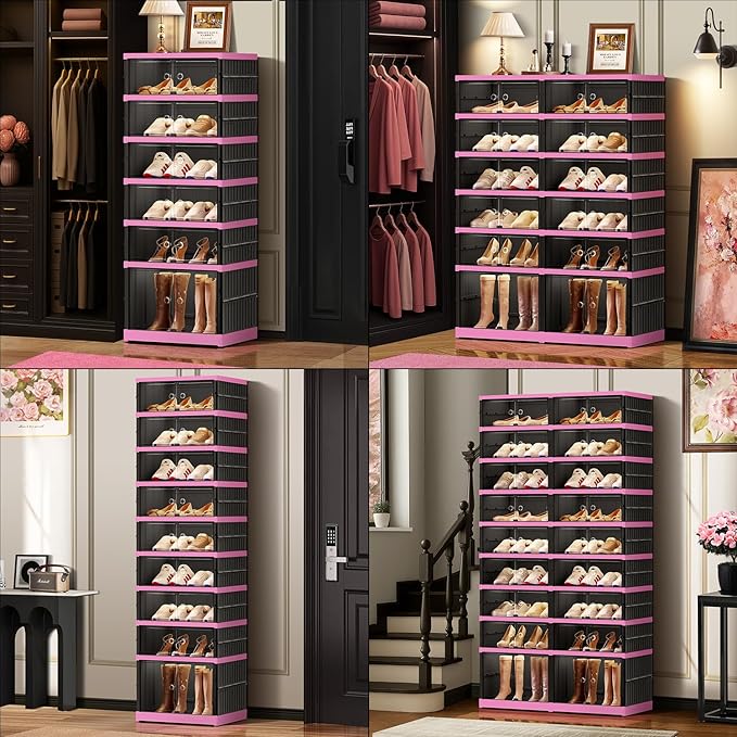 9-Tier Foldable Shoe Rack Organizer for Closet,36 Pairs Collapsible Plastic Shoe Shelf,Large Shoes Cabinet with Door,Clear Stackable Storage Box Easy Assembly（Black-Pink）