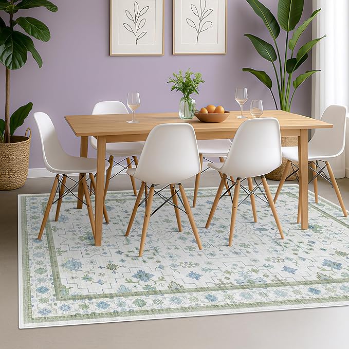Cream Oushak 6x9 Bedroom Rug - Boho Floral Cool Blue and Green, Washable Low Pile Non-Slip Ultra-Thin Large Area Rugs for Bed Room, Living Room, Playroom