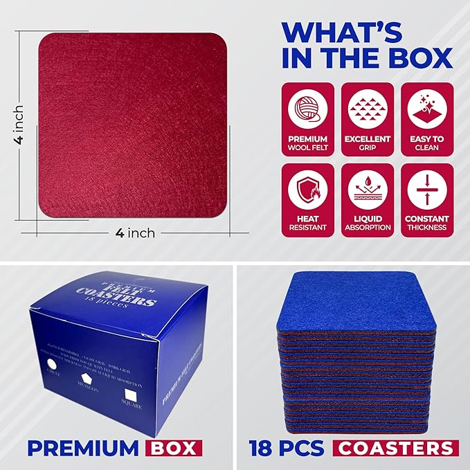 A&A Wonders Premium Felt Coasters for Drink, Two-Tone Reversible, Absorbent Felt Protects Furniture, Table, Anti Slip, Suitable for Drinks & All Table Types (Wine Red/Royal Blue, Square 18 Pack)
