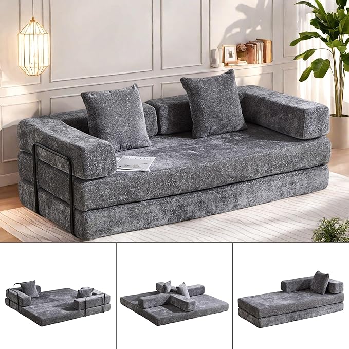 Convertible Sofa Bed, Compression Futon Sofa with Pillows & Armrest, Foldable Mattress Couch with Fixed-Shape Frame, Comfy Couch Lounge Sleeper Bed for Living Room Bedroom, Dark Gray