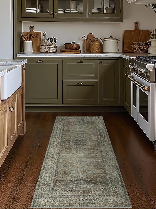Runner Rug for Hallway Kitchen, 2x5 Machine Washable Runners Rug for Entryway, Soft Modern Boho Throw Rugs, Low Pile Floor Cover with Non Slip Backing, Distressed Light Greyish Sage Green