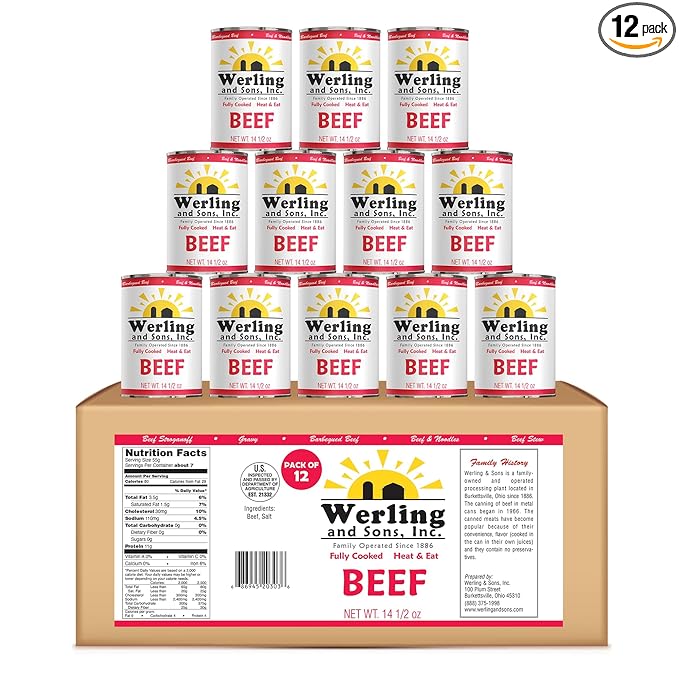 Werling Meat Canned Beef 14.5 Oz ??Fully Cooked, Heat & Eat | Shelf Stable Canned Meat for Pantry Staples, Everyday Meals, Camping, Hiking, Emergency & Survival | 5-Year Shelf Life | Pack of 12