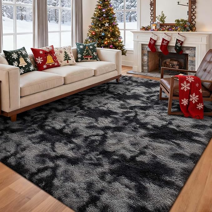 5x7 Ft Large Shag Rugs for Bedroom Living Room Decor for Men Boys, Tie Dyed Ultra Soft Fluffy Furry Area Rug for Indoor Floor, Aesthetic Carpet for Home Decor (Dark Grey)