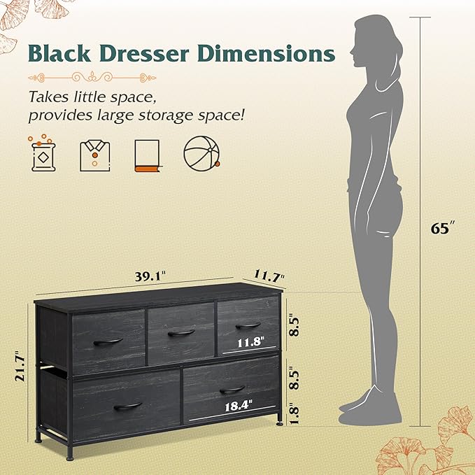 WLIVE Dresser for Bedroom with 5 Drawers, Wide Chest of Drawers, Fabric Dresser, Storage Organizer Unit with Fabric Bins for Closet, Living Room, Hallway, Charcoal Black Wood Grain Print
