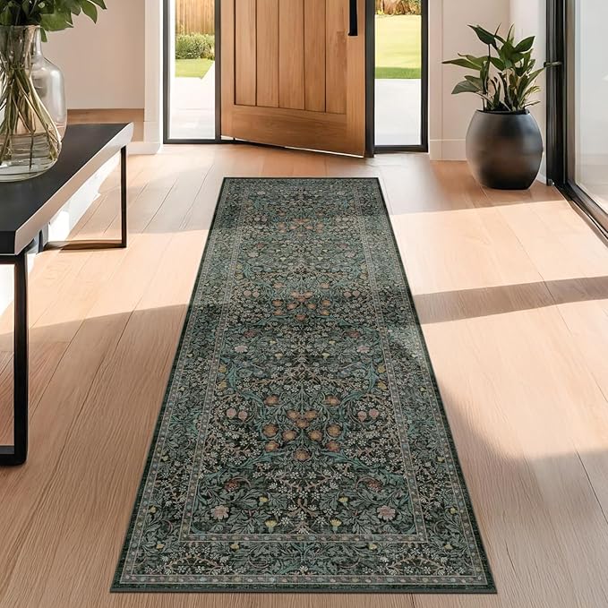Non Slip 2x6 Kitchen Runner Rug Washable, Rubber Backed Hallway Runner Rugs, Boho Vintage Floral Botanical Dark Green Non Skid Carpet for Entryway, Bathroom, Hall Way Mats for Floor