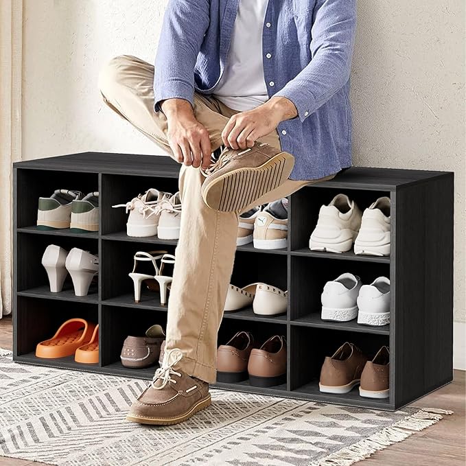 12-Cubby Shoe Rack, 3-Tier Wood Shoe Organizer, Multifunctional Shoe Organizer Bench for Entryway, Mudroom, Hallway, Closet,36.22 * 11.81 * 17.72 Inch,Black