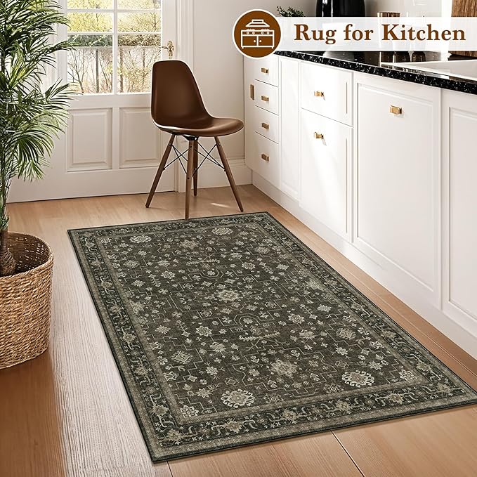 LBRO2M Farmhouse Rug 2X3 Washable Rugs for Kitchen Entryway Bathroom, Vintage Non Slip Area Rugs Soft Low Piles (2X3 Dark Brown)