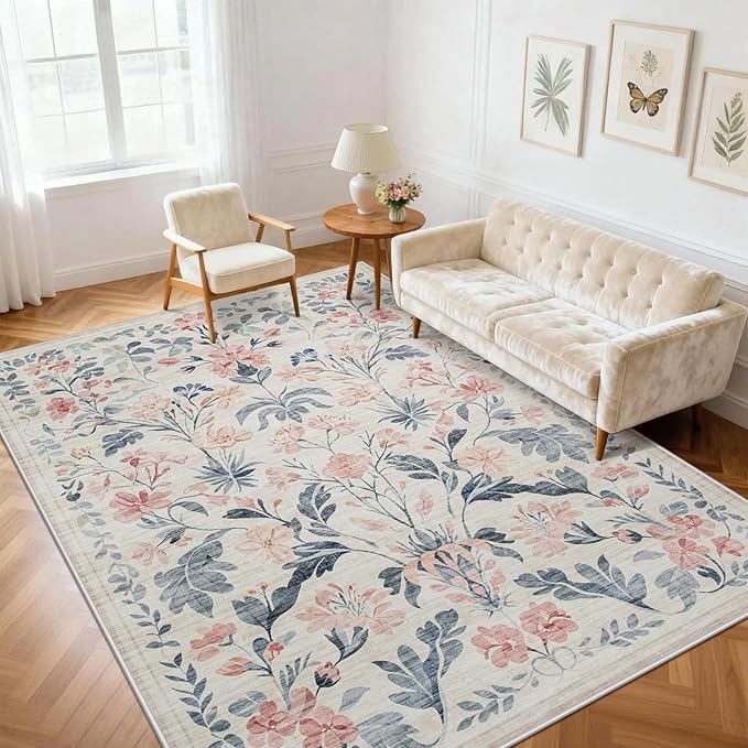 6x9 Area Rugs Washable Rug: Lagre Boho Living Room Rug Soft Non-Slip Thin Carpet Indoor Floor Non-Shedding Neutral Floral Carpets for Bedroom Dining Room Farmhouse Nursery Multi